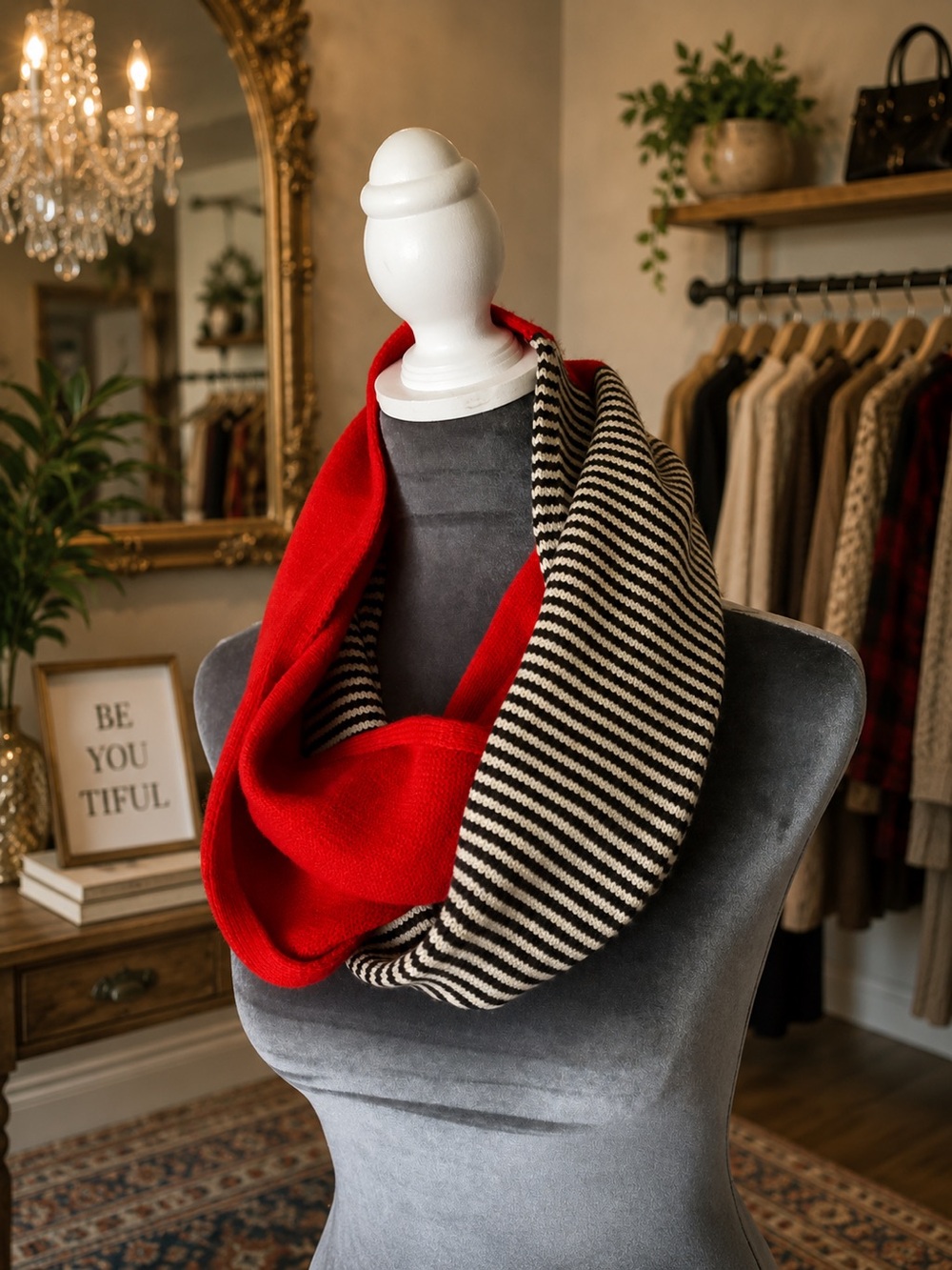 Kate Spade Red and Black-White Striped  Infinity Scarf, soft wool